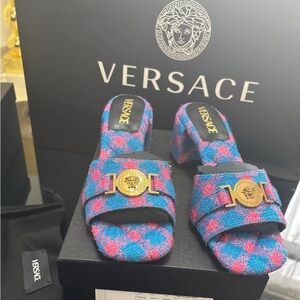 Versace Multicolor Textured Mules with Gold Medallion